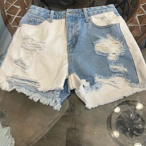 American Bazi Two-Tone Distressed Jean Shorts
